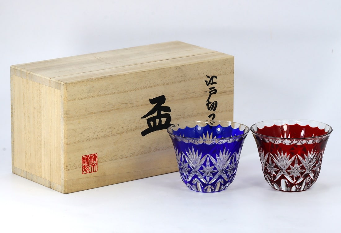 Pair of Vintage Japanese Red Blue Edo Kiriko Glass Sake Cups (1 of 3)