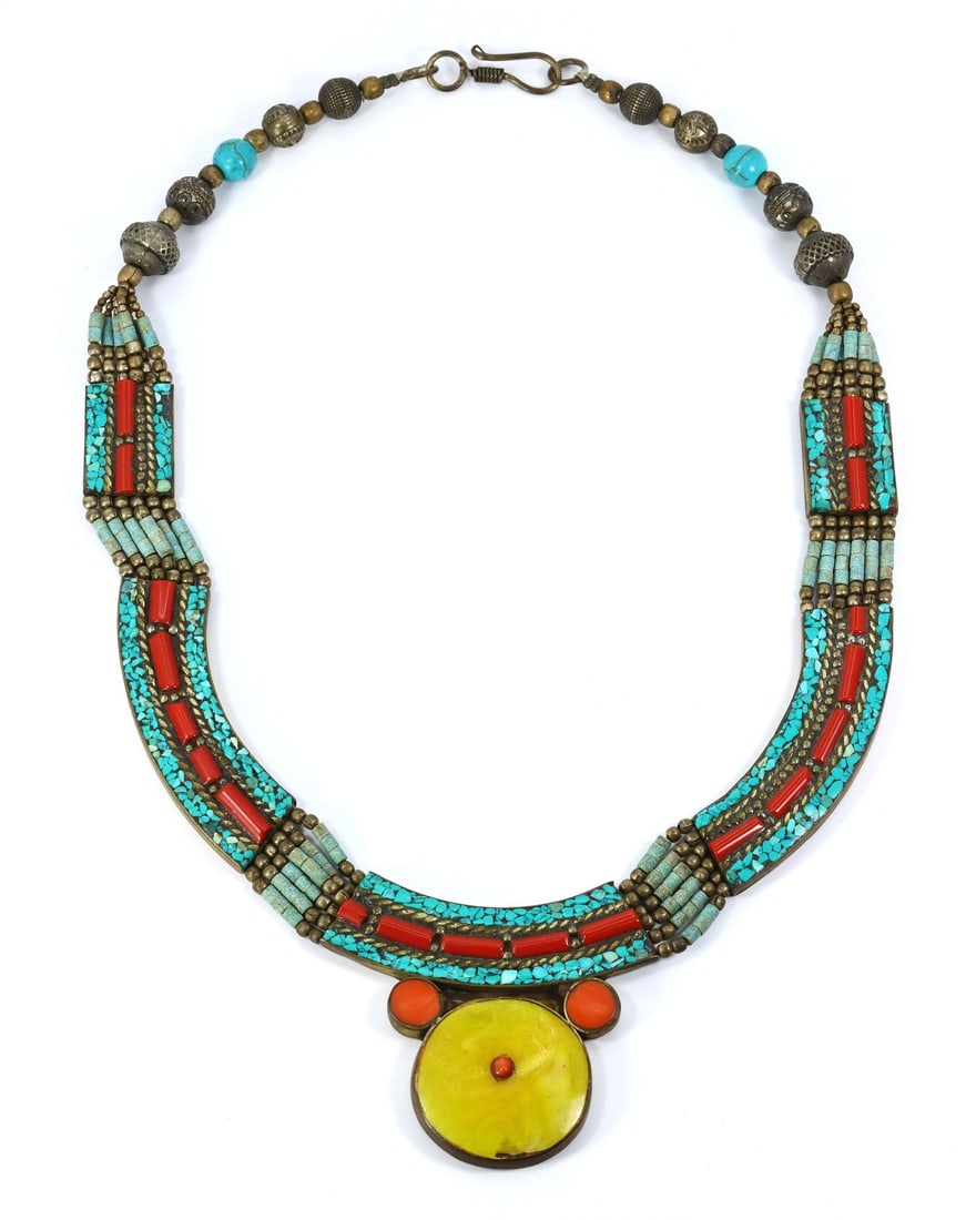 Vintage Himalayan Tibetan Bohemian Amber, Turquoise & Coral Tribal Silver Pendant Necklace Set (1 of 4)