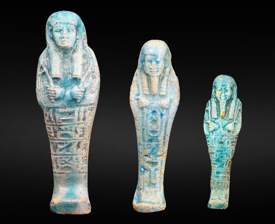 Collection of Egyptian Faience Ushabti Figurine Statue: 6"x2"inches Weight: 351 grams (Before Packing) A bargain hunter's, fixer-upper's, and pack-rat's dream come true! Our Ten2Go "warehouse" style auction presents over thousand lots in a fast-paced old-s