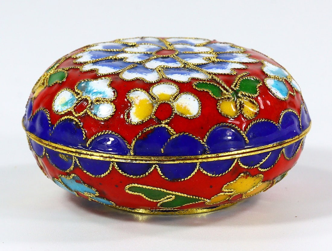 Vintage Chinese Cloisonne Flowers Blue Gold Jewelry Box (1 of 3)