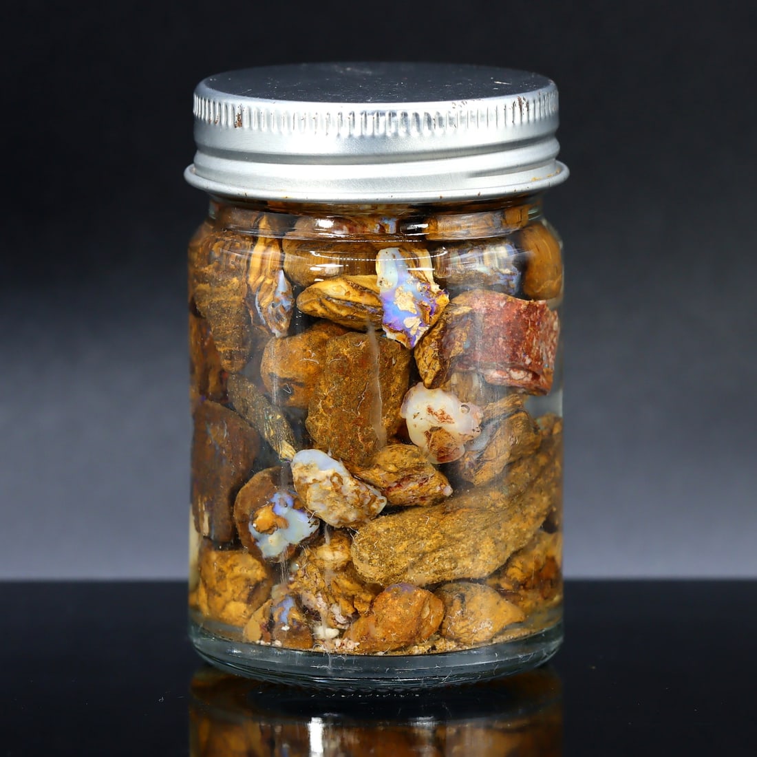 327Ct Collection Jar of Australian Rare Fossilized Boulder Opal Raw Rough (1 of 2)