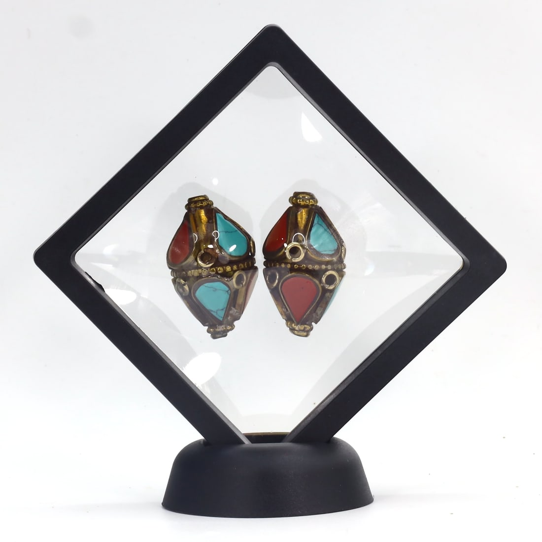 Vintage Tibetan Turquoise Blue & Coral Red Chips Inlaid Brass Pendant Beads (1 of 2)