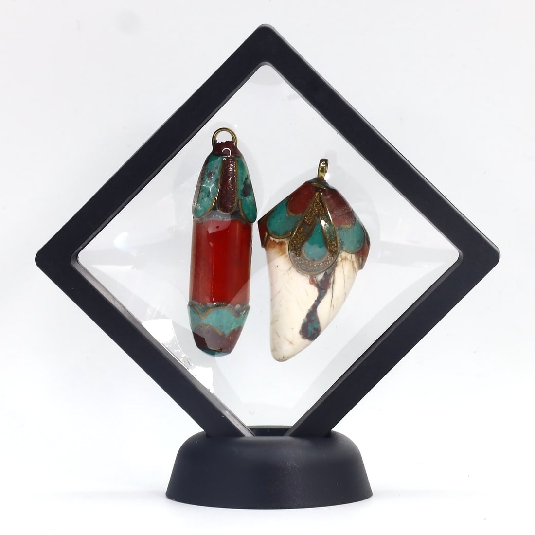 Vintage Himalayan Tibetan Bohemian Conch Shell,Turquoise & Colored Stone Inlaid Brass Locket Pendant: 5.5x3cm Weight: 95 grams