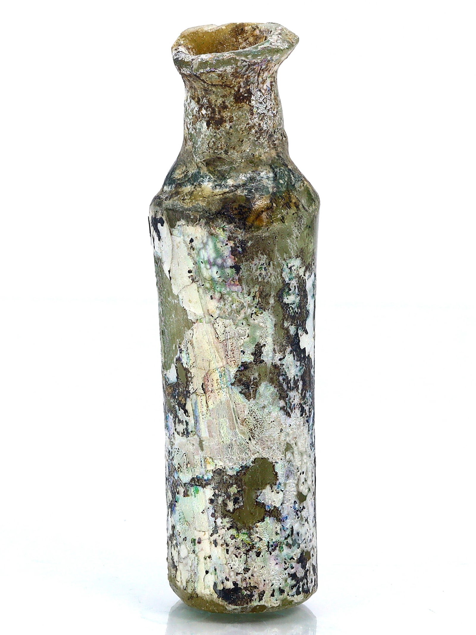 An Ancient Western Asiatic Roman Glass Unguentarium Flask Vessel Art Antique: 4 9/64 Weight: 20 grams