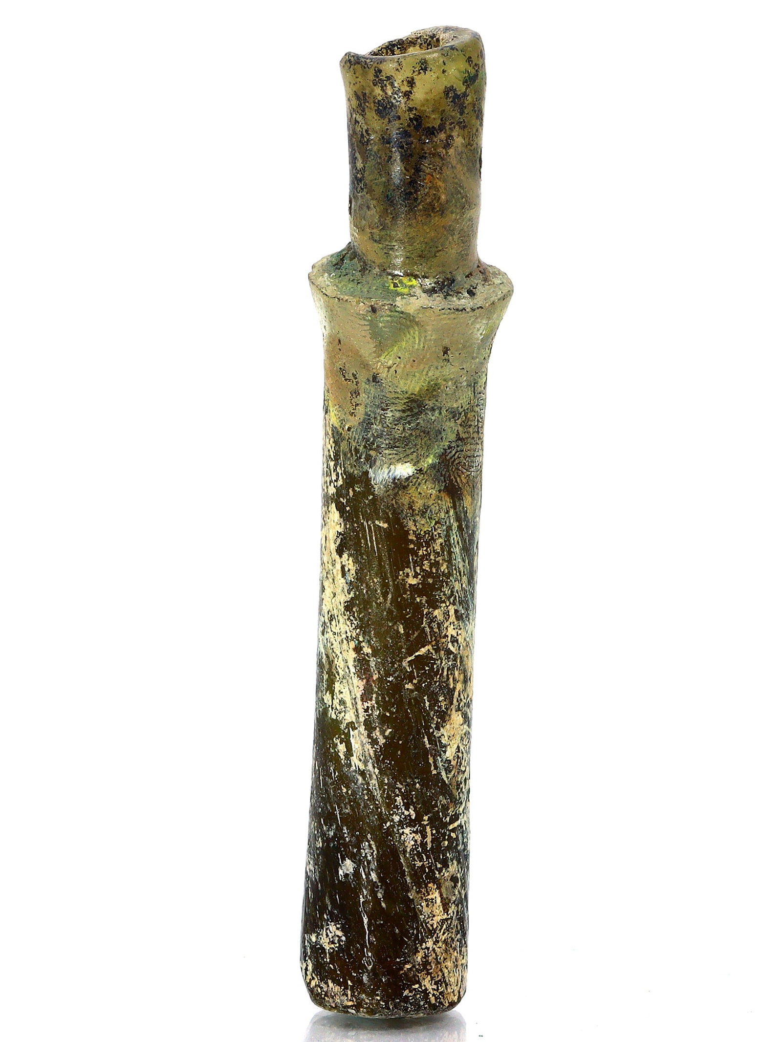 An Ancient Western Asiatic Roman Glass Unguentarium Flask Vessel Art Antique: 3 41/64 Inches Weight: 20 grams