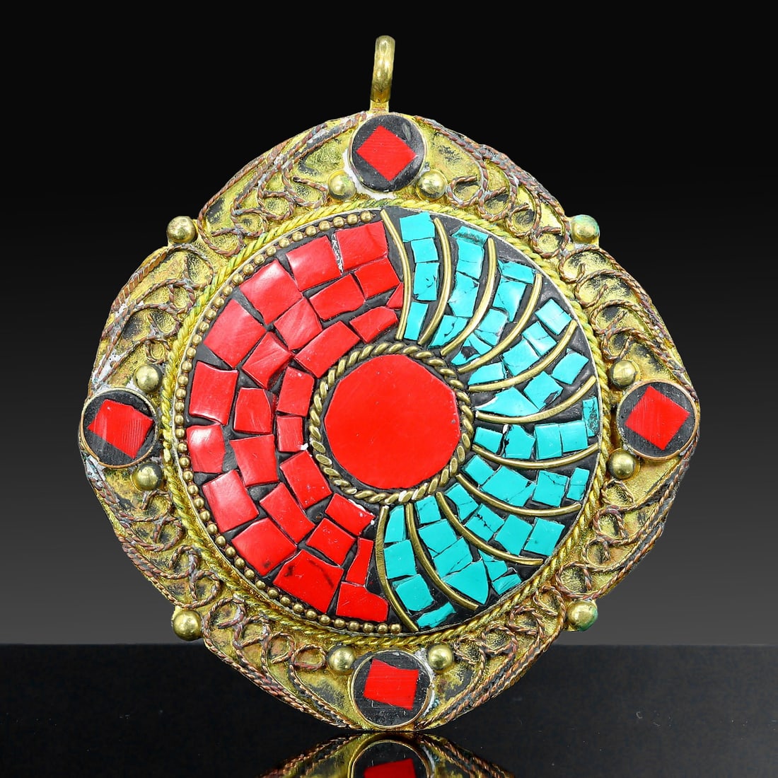 Vintage Tibetan Turquoise Blue & Coral Red Chips Inlay Brass Pendant Locket: 9x8cm Weight: 52 grams