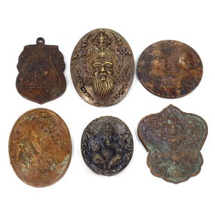 Five Southeast Asian Antique Bronze Copper Buddhism Pendant Lockets: 4x3.5cm Weight: 91 grams