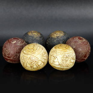 Six Ball Shaped Southeast Asian Thai Ritual Carving TerraCotta Balls with Mantra: 3x3cm Weight: 115 grams