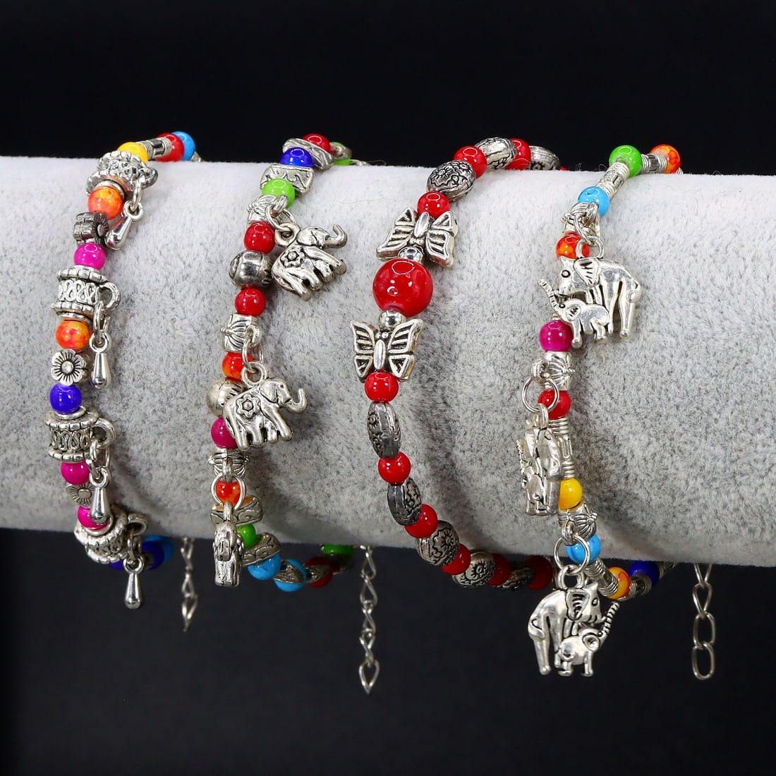 Set of Four Tribal Silver Charm with Colored Beads Bracelet (1 of 2)