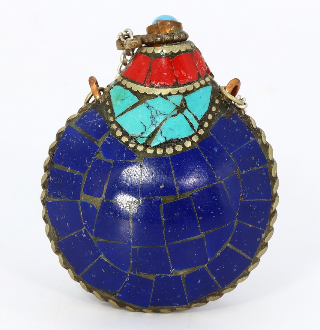 Antique Vintage Chinese Tibetan Coral Red, Lapis & Turquoise Blue Colored Stone Snuff Bottle (1 of 3)