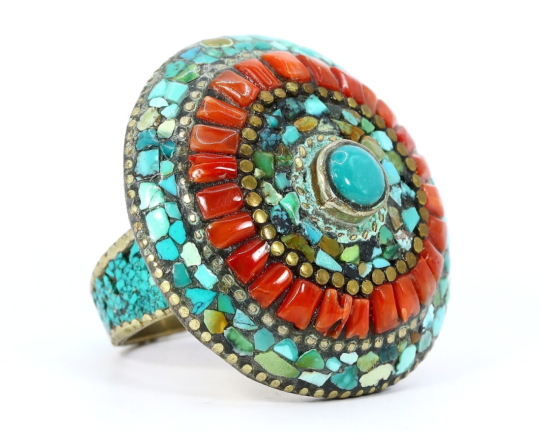 Vintage Tibetan Natural Turquoise & Caral Stone Inlaid Silver Ring: 10.5 US Weight: 16.7 grams
