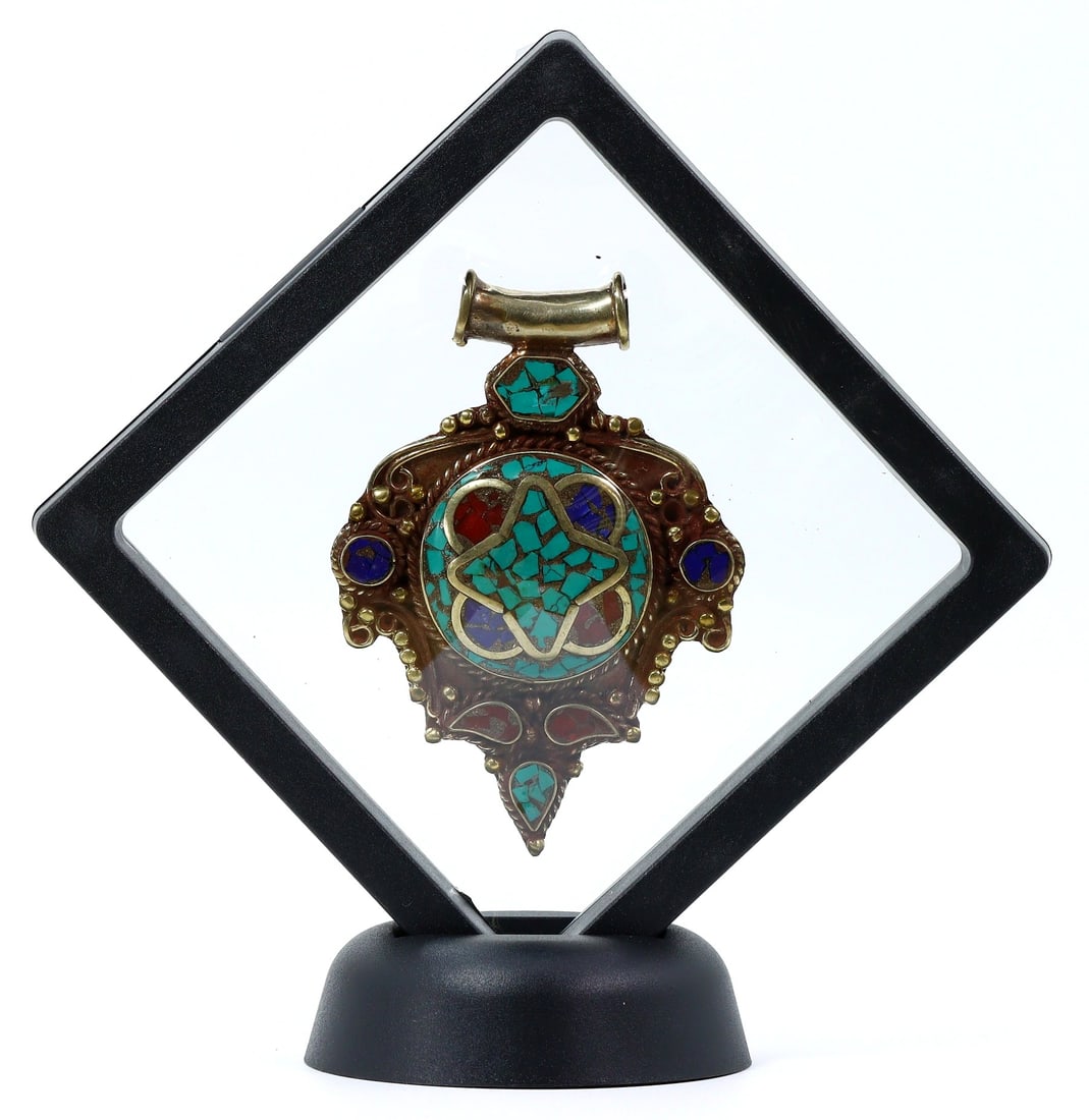 Vintage Tibetan Enamel Turquoise Lapis Blue & Coral Red Tribal Silver Pendant Locket: 7x5cm Weight: 25.3 grams