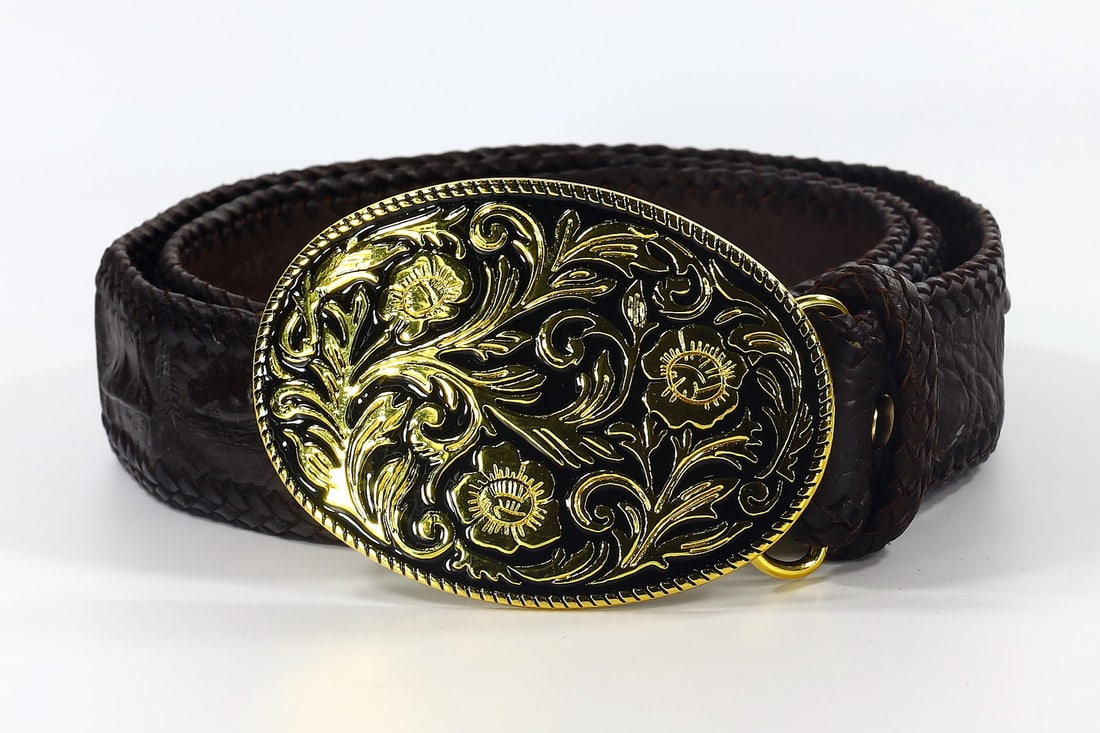 Genuine Crocodile Skin Leather Brown Belt with Brass Flower Motiff Buckle: 48" Inches Weight: 225 grams
