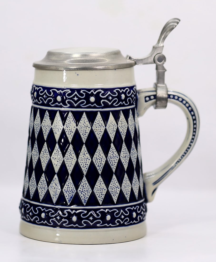 6" Rare Salt Glazed Bayern Color Gerzit Gerz Blue And Gray Diamond Pattern Beer Stein (1 of 5)