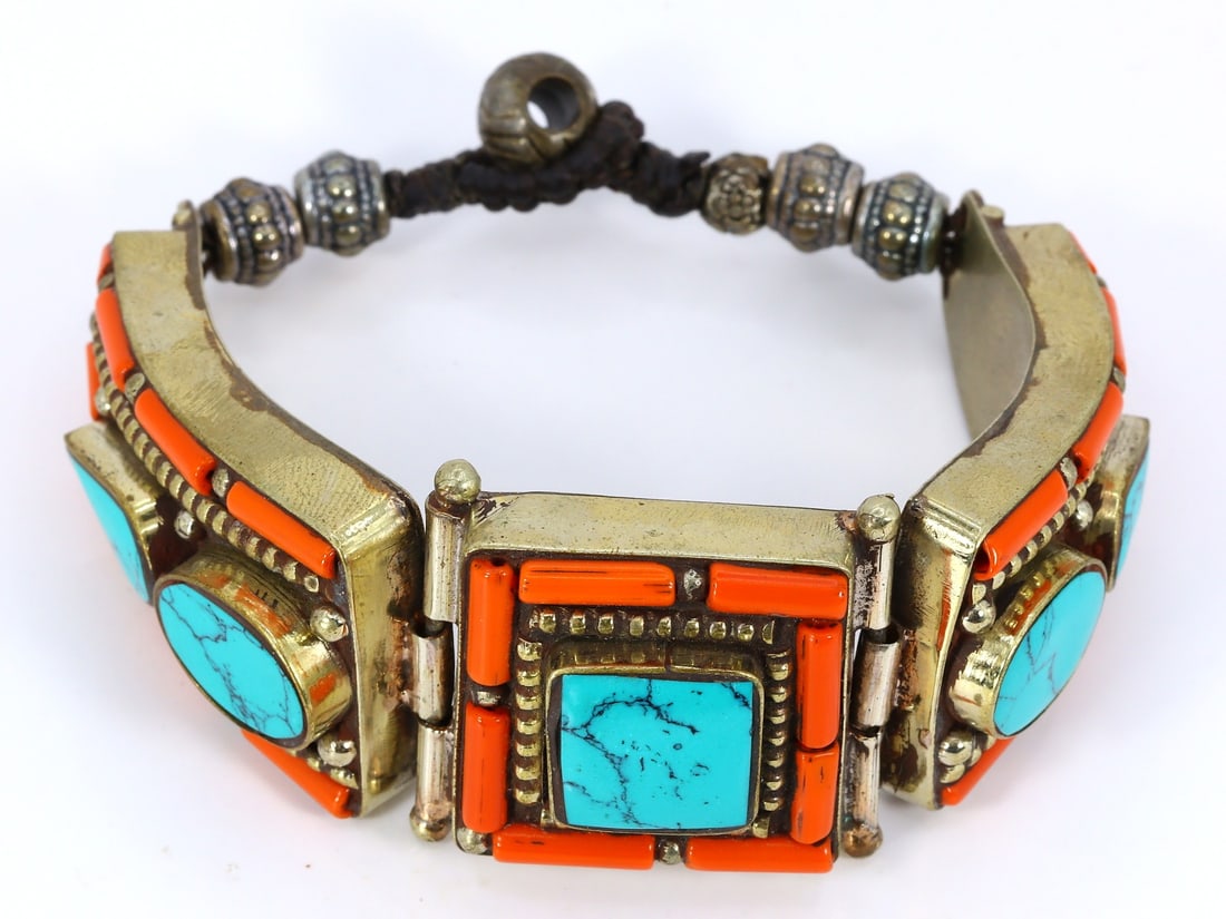 Vintage Himalayan Tibetan Bohemian Tribal Silver Inlaid Coral & Turquoise Bracelet: 7" Inches Weight: grams