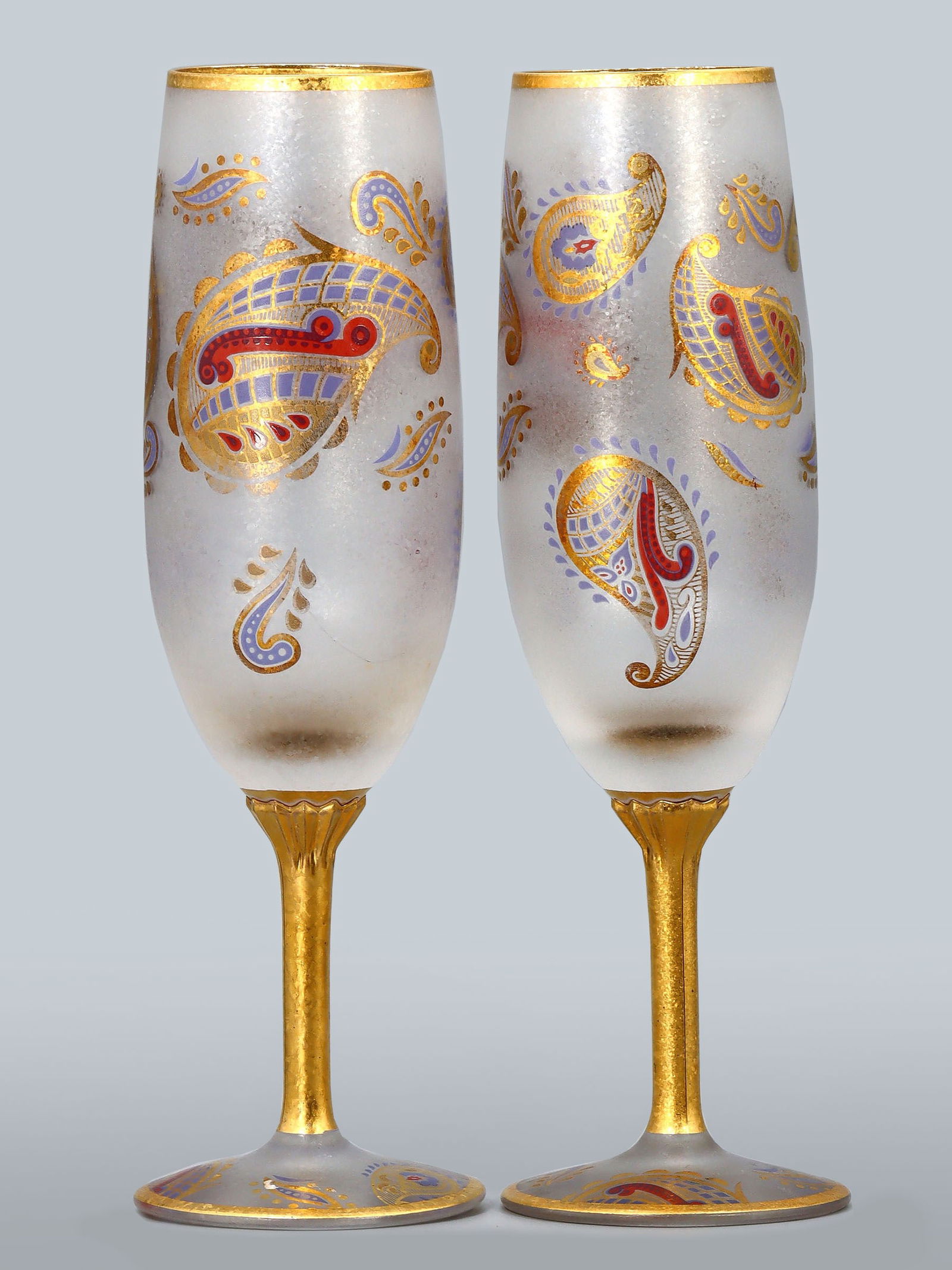 Pair of Vintage El Drado Champagne Flute Glasses in Paisley Design Gilt 24K Gold: 19.5x6cm Weight: 253 grams