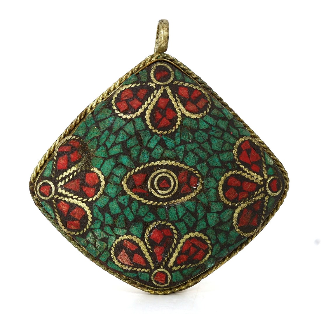 Vintage Tibetan Turquoise Blue & Coral Red Chips Inlay Brass Pendant Locket: 6x6cm Weight: 30 grams
