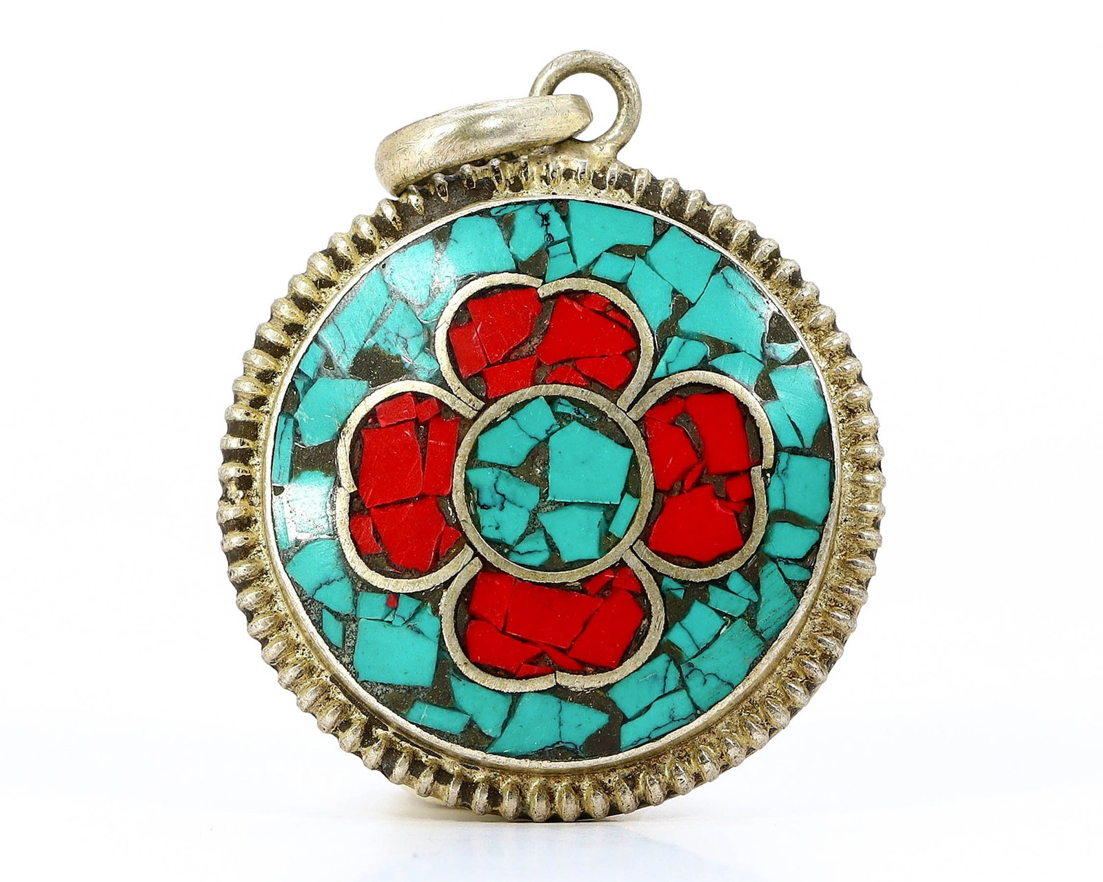 Vintage Tibetan Turquoise Blue & Coral Red Chips Inlaid Tribal Silver Pendant Locket: 4x3.5cm Weight: 19 grams