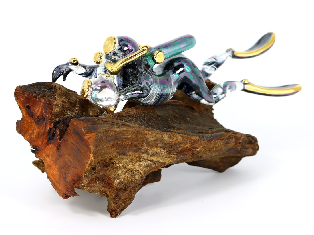 Artist Scuba Diver Art Glass Paperweight on Wood Statue Figurine (1 of 3)