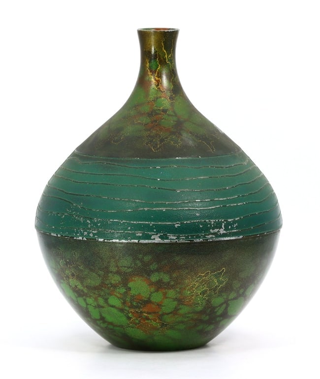 7.4" Japanese Patinated Brass Flower Flasks Kabin for Ikebana Arrangement: 19x15cm Weight: 639 grams