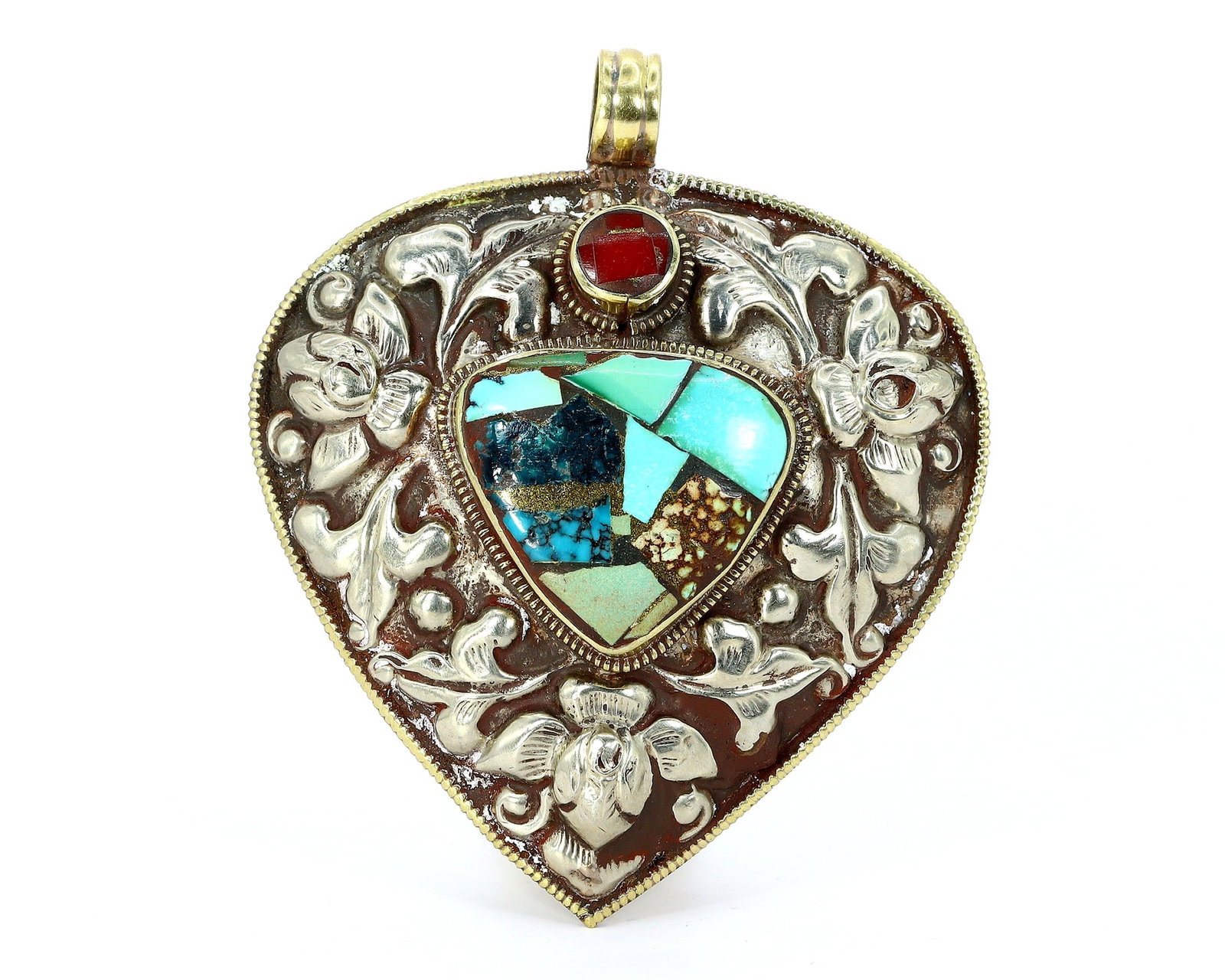 Vintage Tibetan Turquoise Blue & Coral Red Chips Inlaid Tribal Silver Pendant Locket: 7.5x6.5cm Weight: 43.3 grams