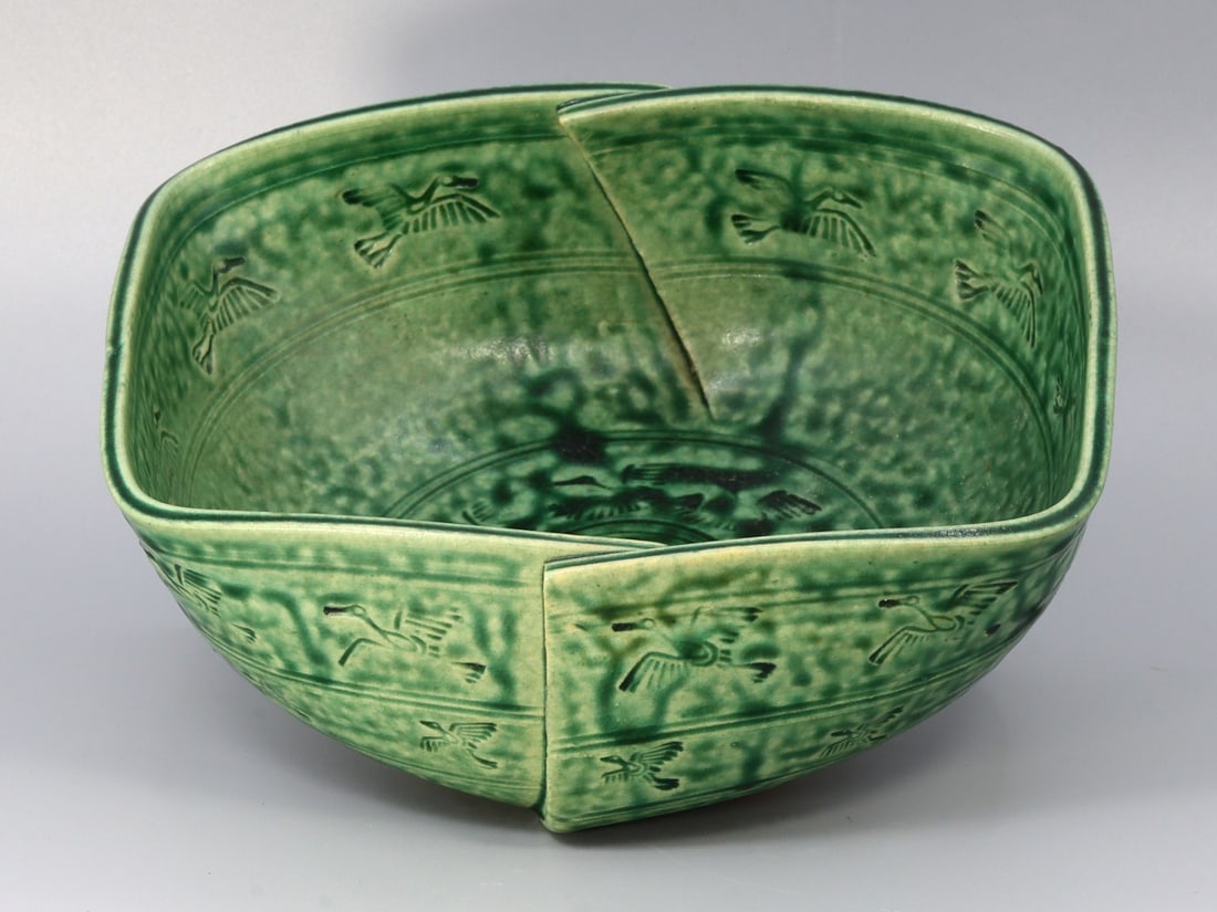 Vintage Signed Celadon Ceramic Square Bowl (1 of 5)