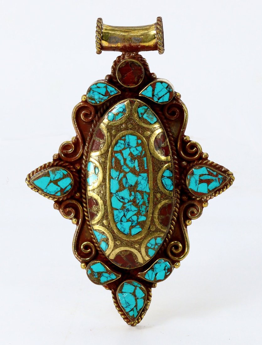 Vintage Tibetan Turquoise Blue Chips Inlaid Brass Pendant Locket: 7.5x5cm Weight: 30 grams