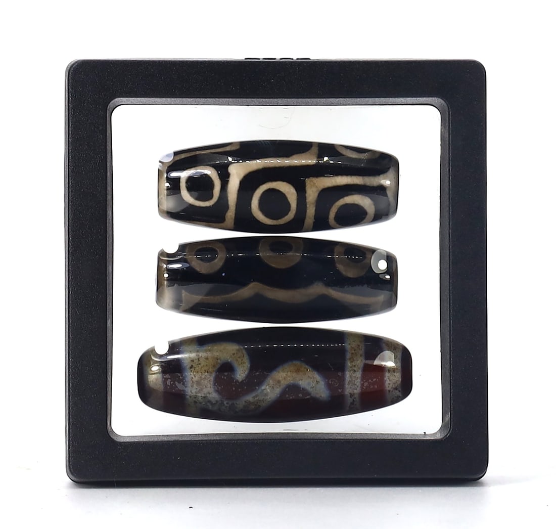 Collection of Three Chinese Tibetan Etched Agate Eye dZi Bead (1 of 3)