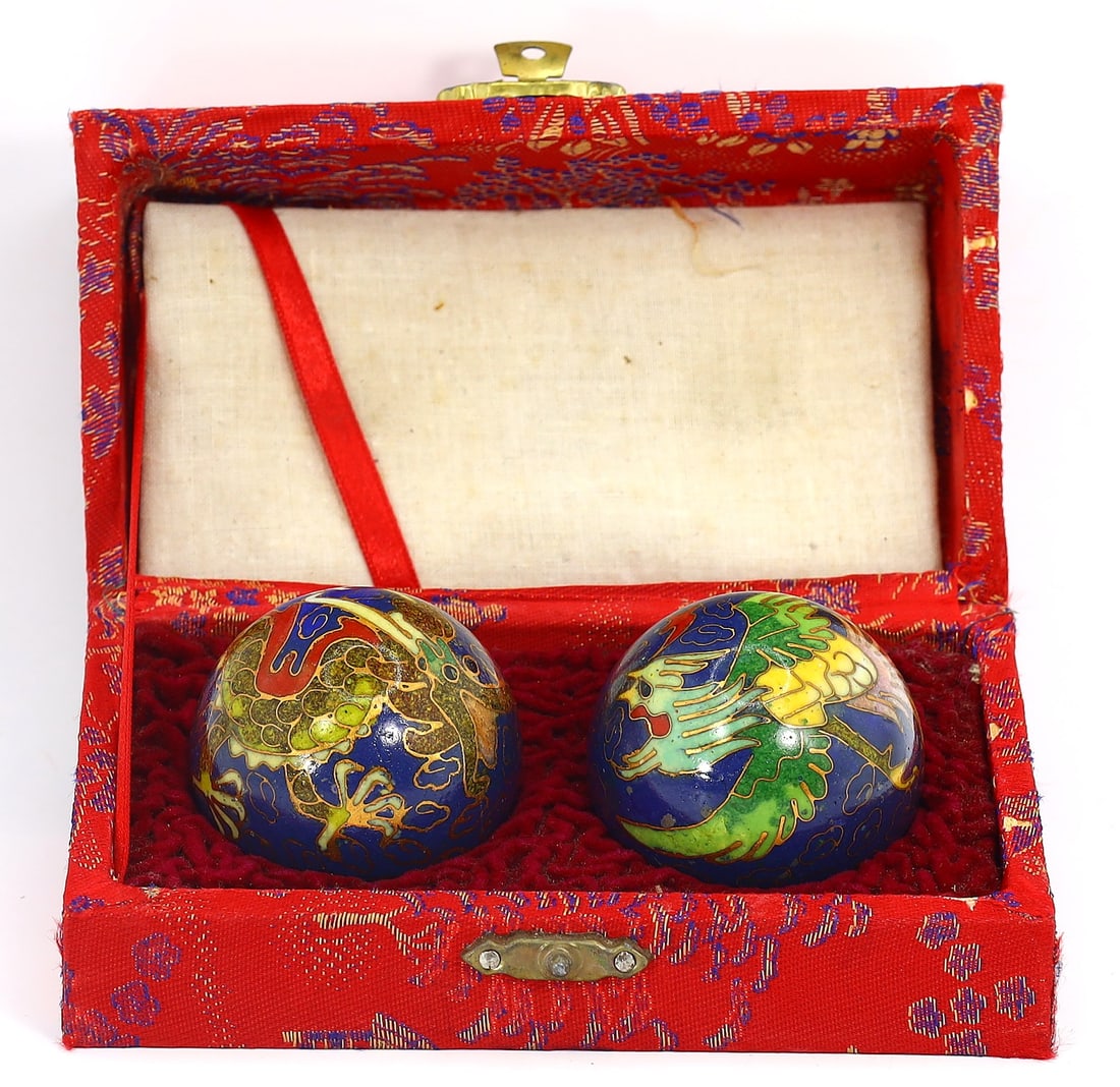 Pair of Vintage Japanese Cloisonne Dragon & Phoenix Baoding Balls (1 of 5)