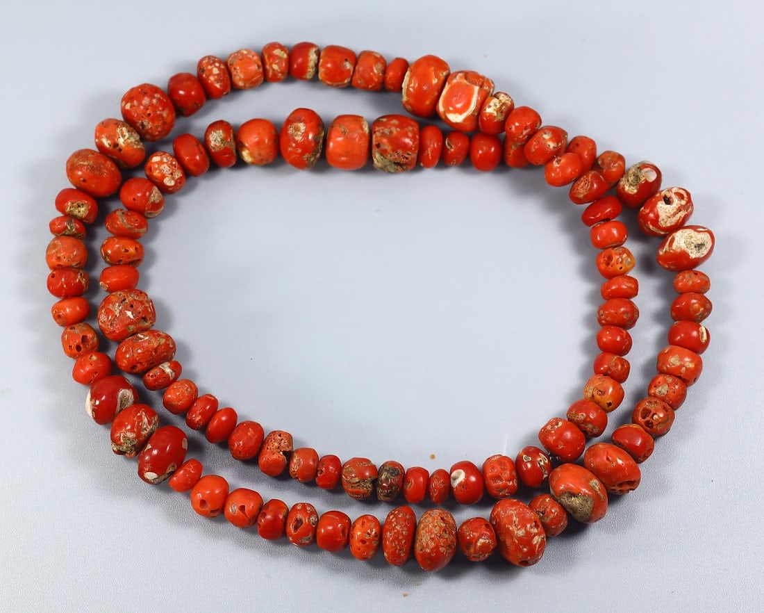 Old Tibetan Antique Red Coral Beads Necklace: 24.4" Inches Weight: 64 grams