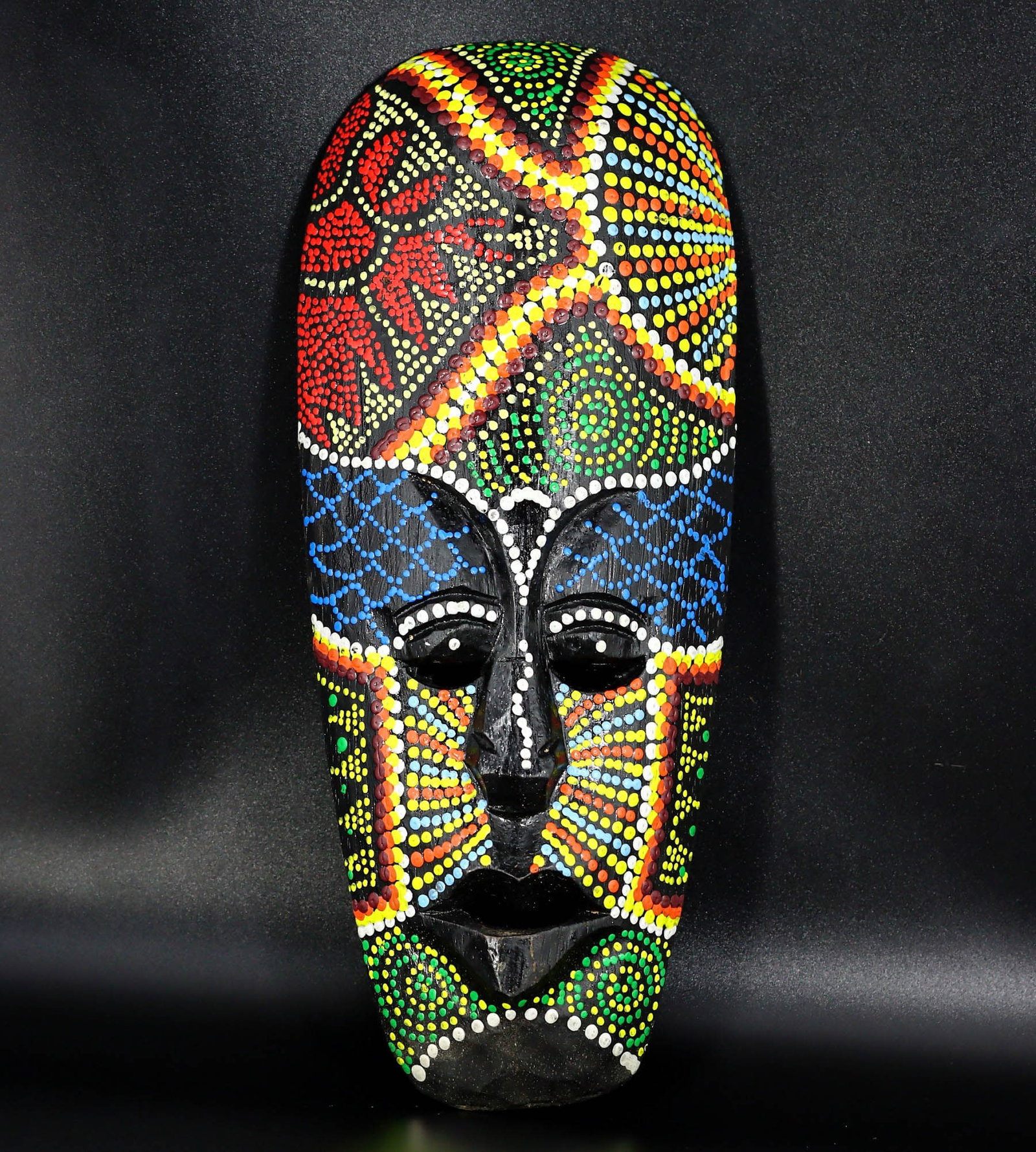Boho Style Hand Painted Colorful African Aboriginal Dot Wood Mask Light Weight Wood Wall Mask: 27x12cm Weight: 126 grams
