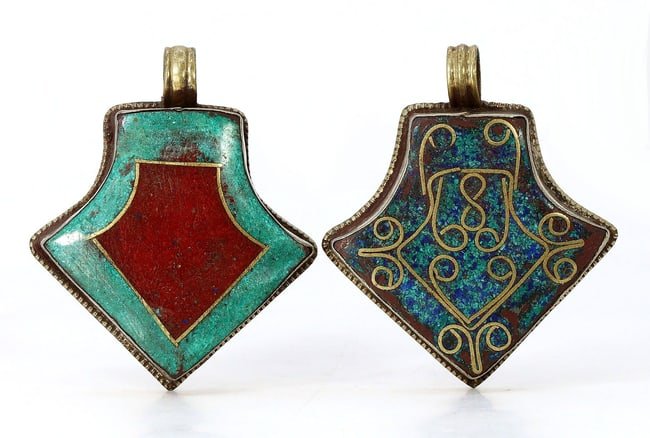 Pair of Vintage Tibetan Blue Red Green Enamel Tribal Silver Pendant Locket: 5x4.5cm Weight: 55grams