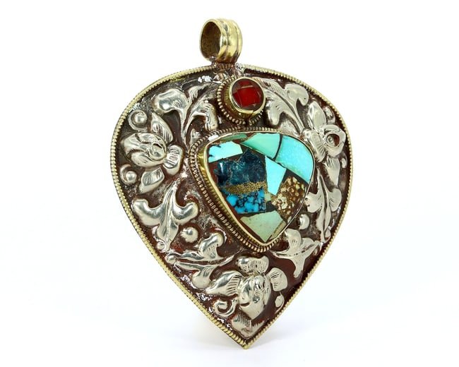 Vintage Tibetan Natural Ruby & Natural Turquoise Tribal Silver Pendant Locket (1 of 3)