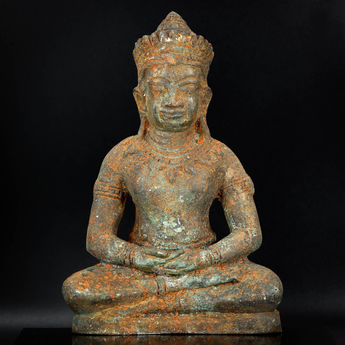 Vintage Old Southeast Asian Seated Crowned Bronze Buddha Khmer Style Cambodia (1 of 3)
