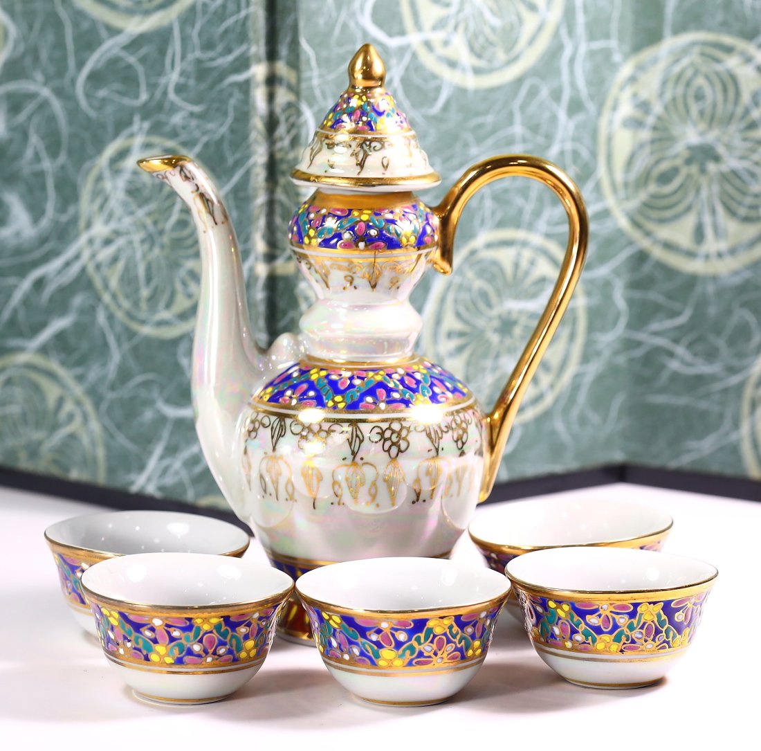 Thai Iridescent Color Hand Painted Benjawong Tea Porcelain Set Cups & Pitcher (1 of 3)