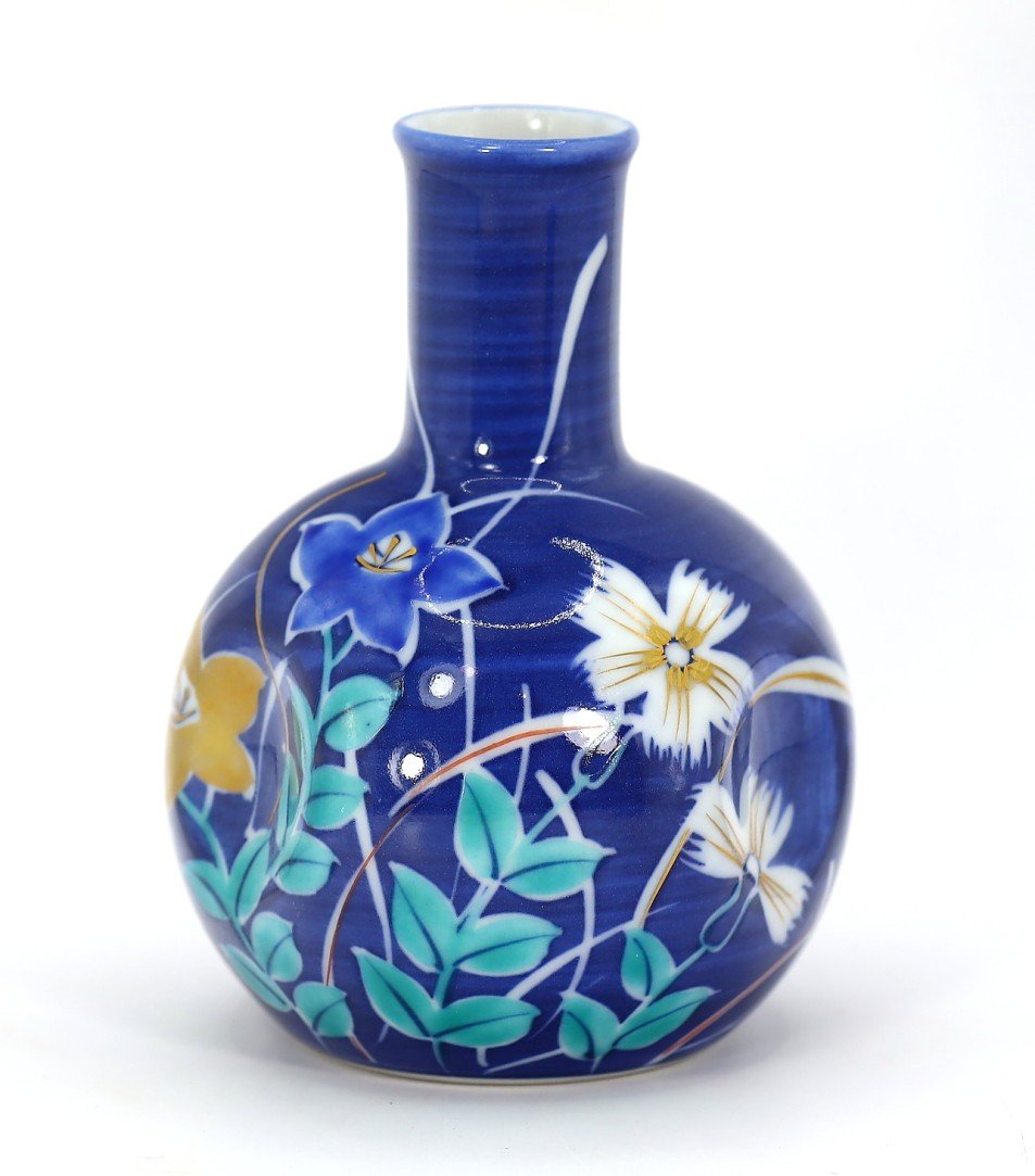 Japanese Artistic Signed Porcelain Ikebana Flower Painting Sake Liquor Bottle (1 of 4)
