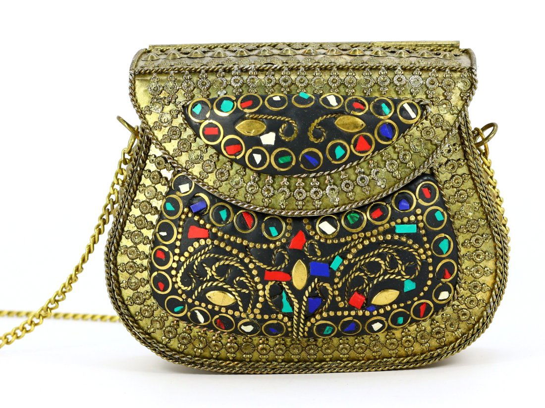 Vintage Tibetan Red Blue Shell & Green Chips Inlaid Brass Bag Shoulder Purse Clutch (1 of 4)