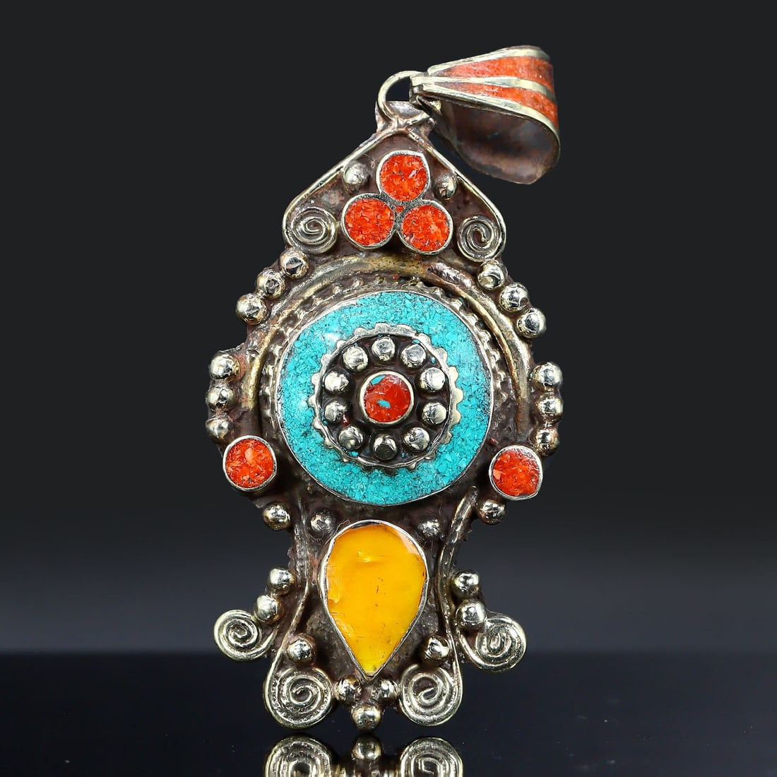 Vintage Himalayan Tibetan Bohemian Tribal Silver Inlaid Coral & Turquoise Locket Pendant: 7x3.5cm Weight: 41 grams