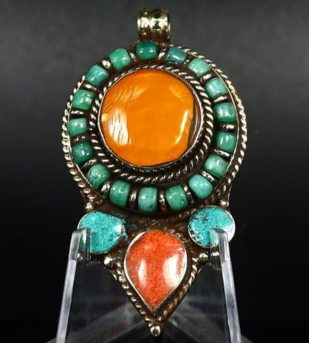 Vintage Himalayan Tibetan Bohemian Tribal Silver Inlaid Coral & Turquoise Locket Pendant: 6.5x3.5cm Weight: 35 grams