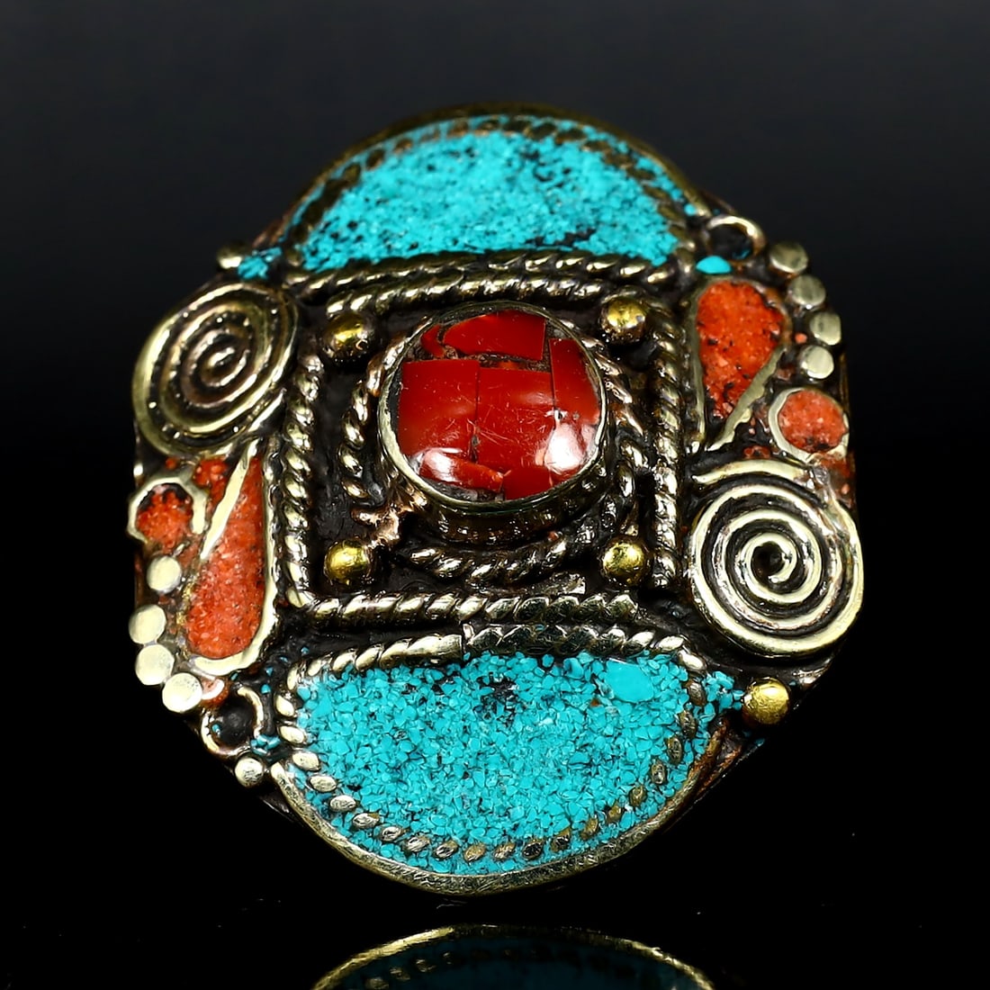 Vintage Chinese Tibetan Red Coral & Blue Turquoise Tribal Silver Ring (1 of 4)