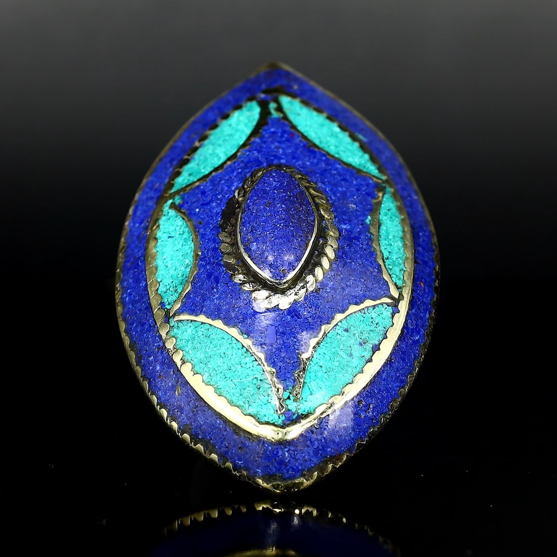 Vintage Himalayan Tibetan Bohemian Tribal Silver Inlaid Coral Turquoise & Lapis Ring (1 of 4)