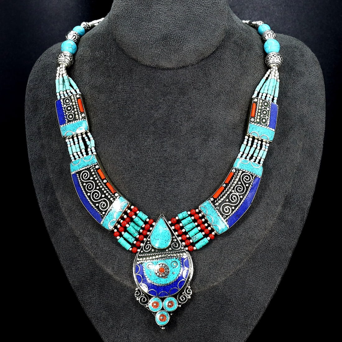 Vintage Himalayan Tibetan Bohemian Tribal Silver Inlaid Coral Turquoise & Lapis Pendant Necklaces: 17''Inches Weight: 155 grams