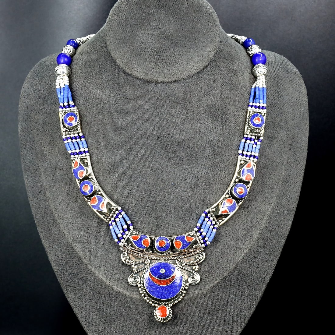Vintage Himalayan Tibetan Bohemian Tribal Silver Inlaid Coral & Lapis Pendant Necklaces: 18''Inches Weight: 133 grams