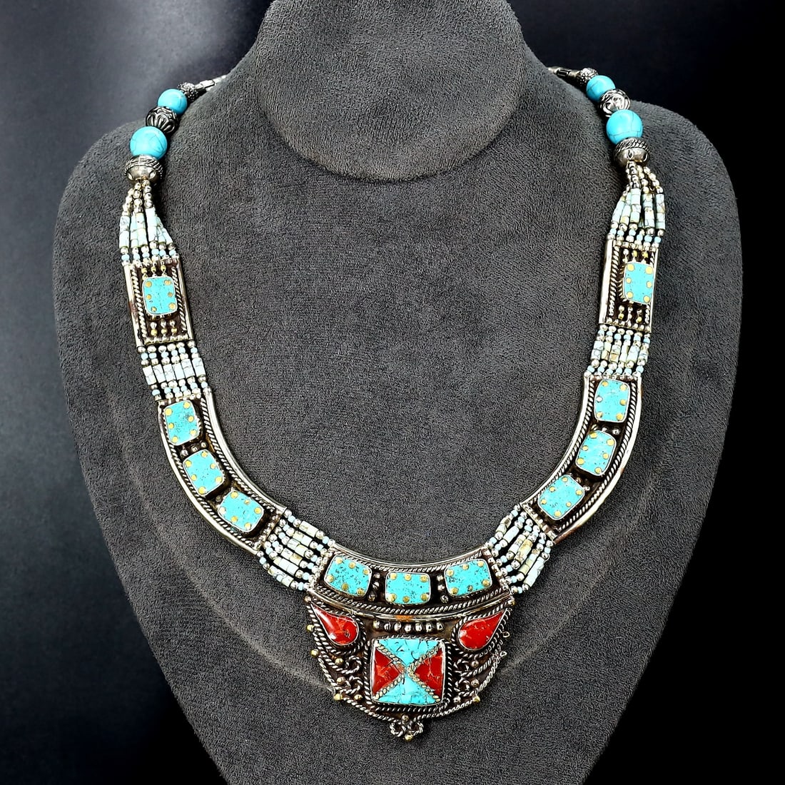Vintage Himalayan Tibetan Bohemian Tribal Silver Inlaid Coral & Turquoise Pendant Necklaces: 18''Inches Weight: 123 grams