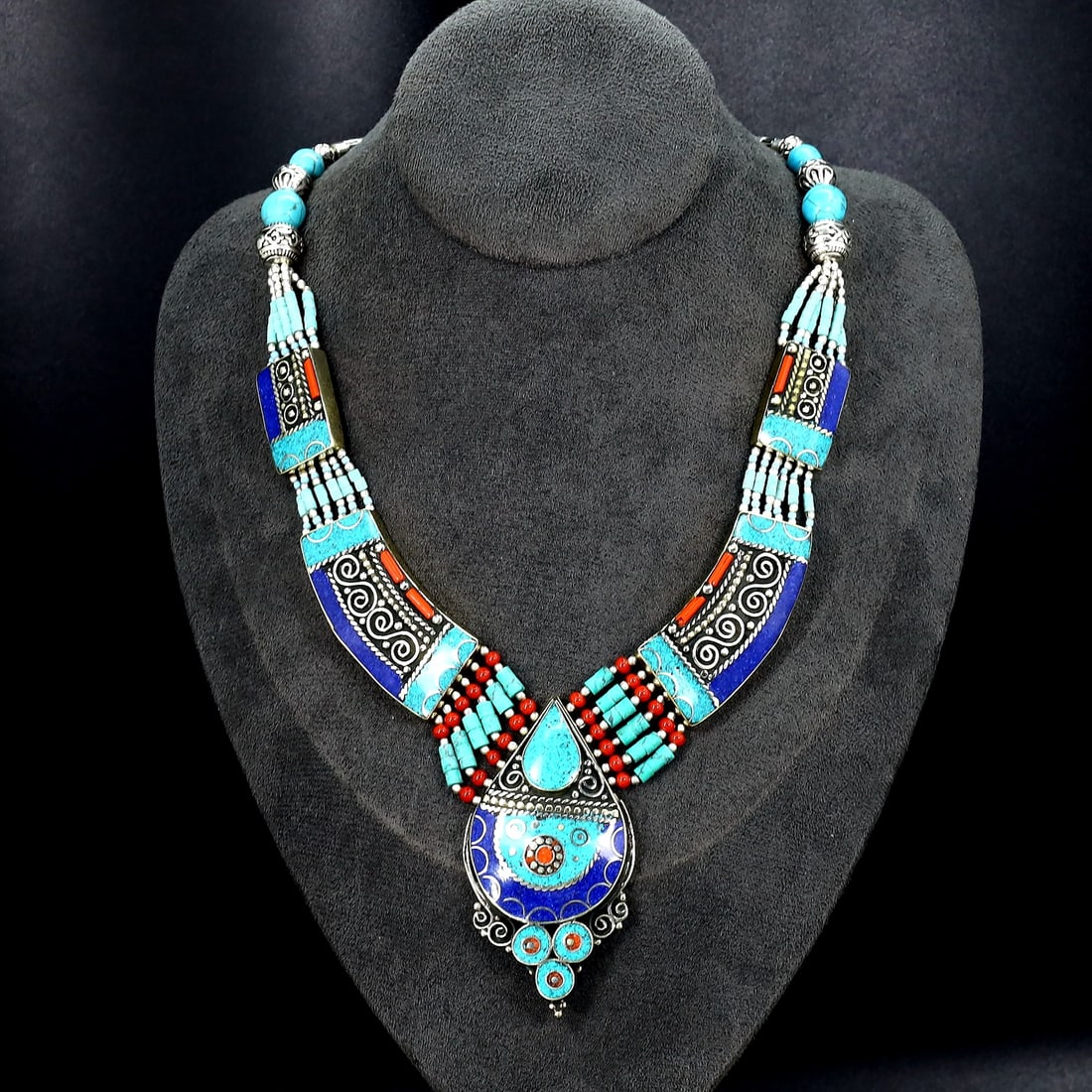 Vintage Himalayan Tibetan Bohemian Tribal Silver Inlaid Coral Turquoise & Lapis Pendant Necklaces: 18''Inches Weight: 152 grams