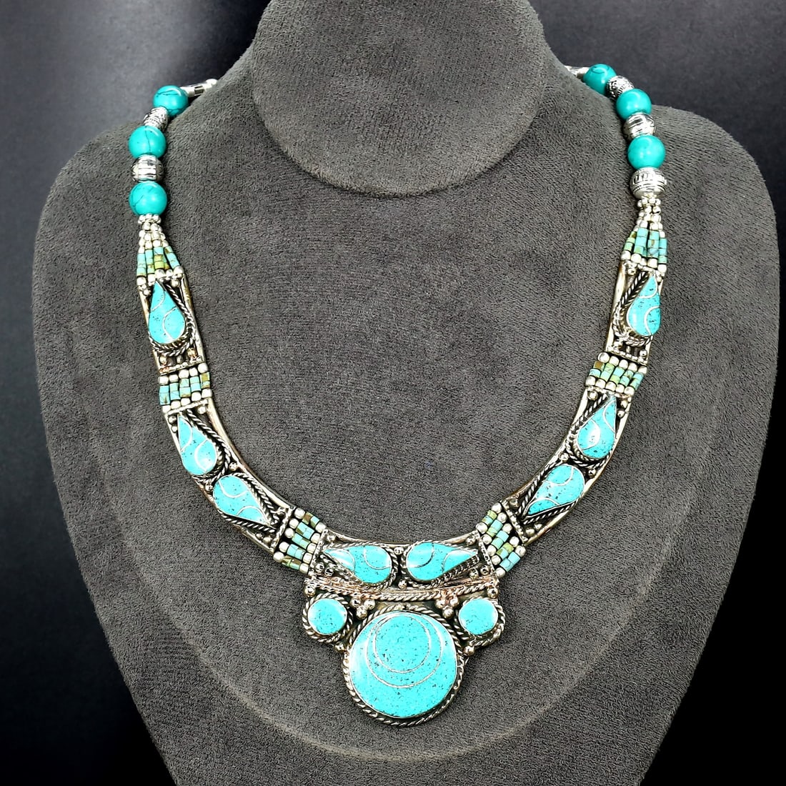 Vintage Himalayan Tibetan Bohemian Tribal Silver Inlaid Turquoise Pendant Pendant Necklaces: 18''Inches Weight: 134 grams