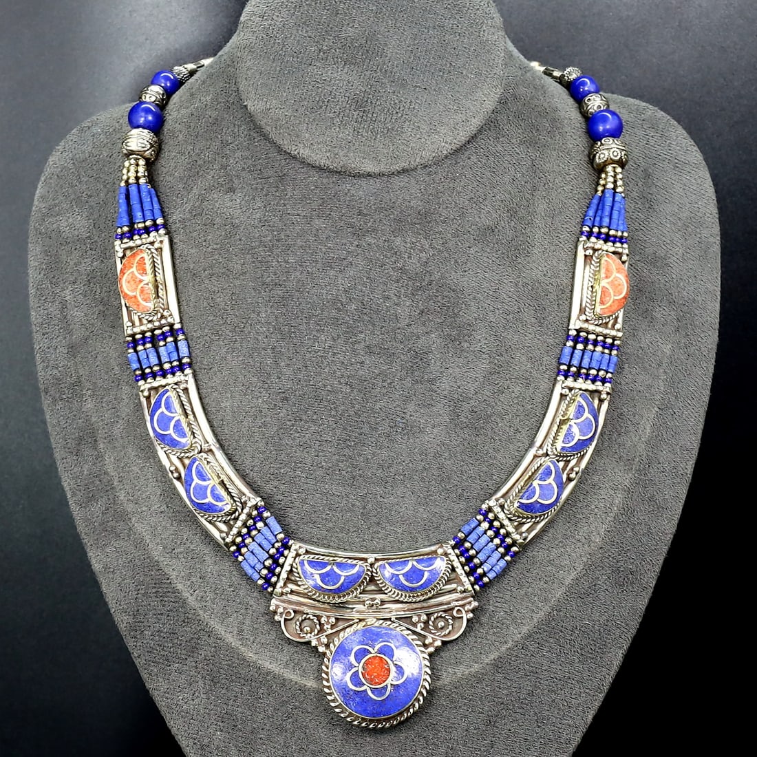 Vintage Himalayan Tibetan Bohemian Tribal Silver Inlaid Coral & Lapis Pendant Necklaces: 18''Inches Weight: 137 grams
