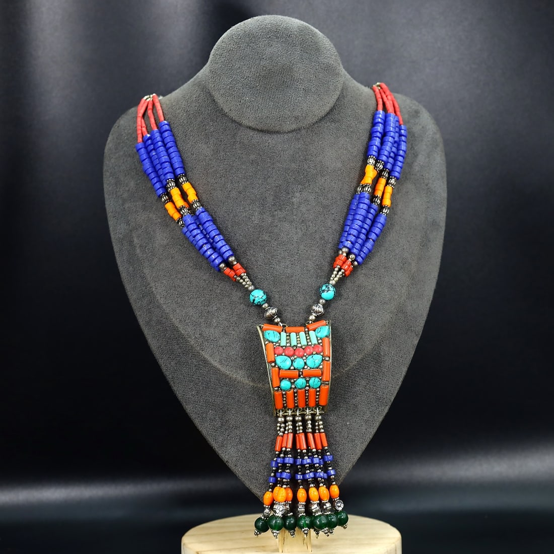 Vintage Himalayan Tibetan Bohemian Tribal Silver Inlaid Coral Turquoise & Lapis Pendant Necklaces: 25''Inches Weight: 103 grams