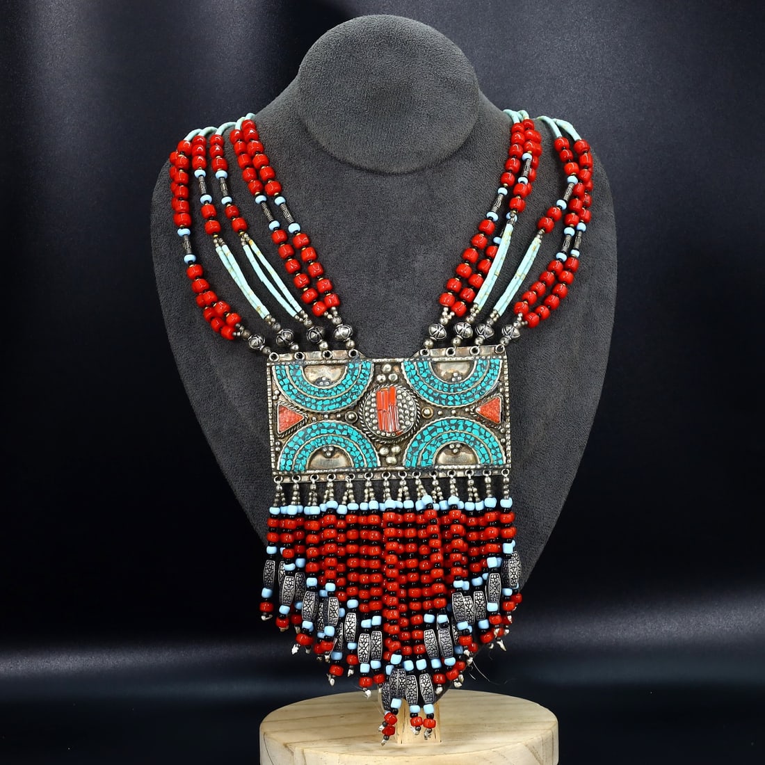 Vintage Himalayan Tibetan Bohemian Tribal Silver Inlaid Coral Turquoise & Lapis Pendant Necklaces: 26''Inches Weight: 198 grams