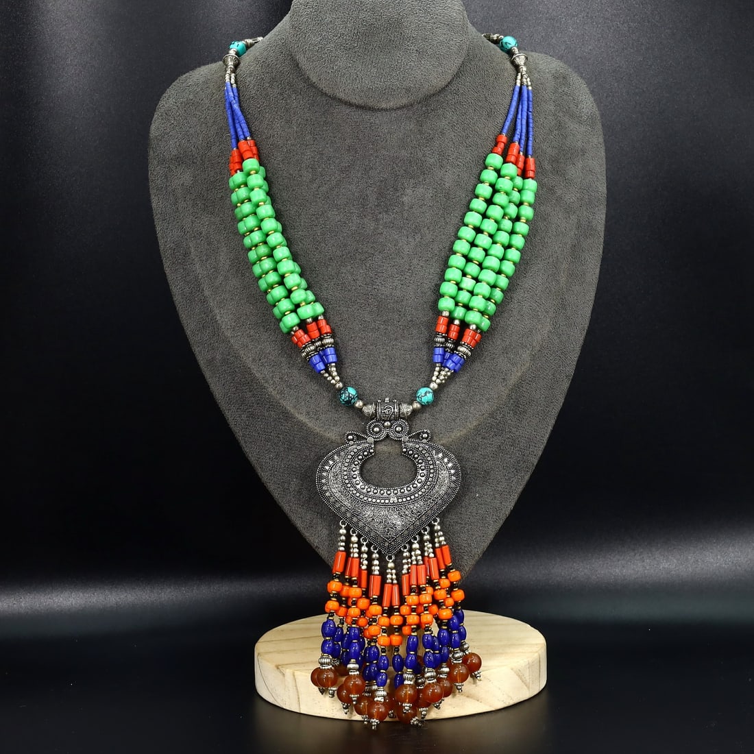 Vintage Himalayan Tibetan Bohemian Tribal Silver Inlaid Coral Turquoise & Lapis Pendant Necklaces: 23''Inches Weight: 109 grams